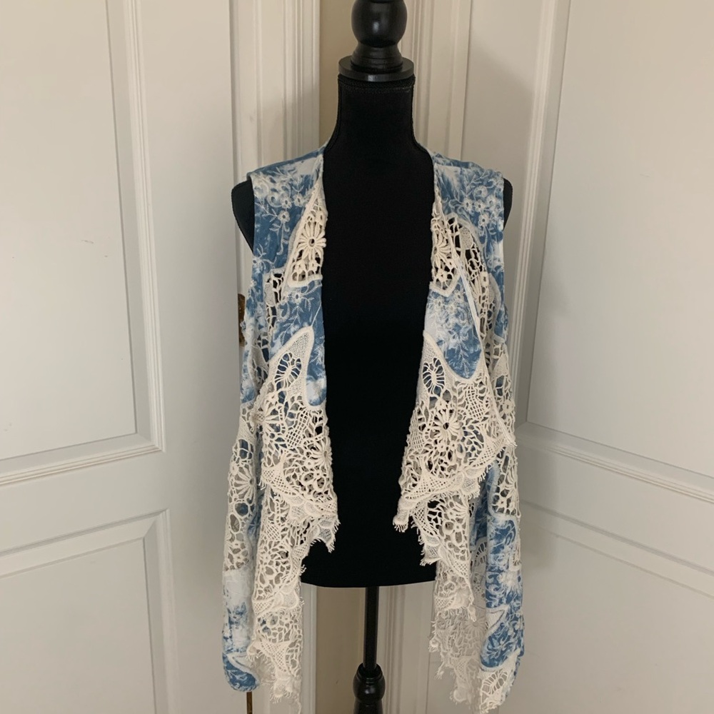 Chico’s Bohemian Blue and Cream “Crochet Look” Lace Vest
